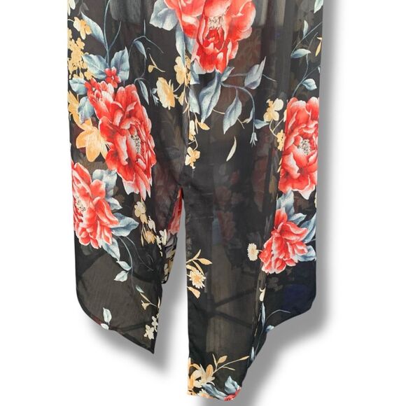 Band of Gypsies Black Sheer Red Floral Kimono Duster Swim Cover Up Short Sleeve - Picture 9 of 12